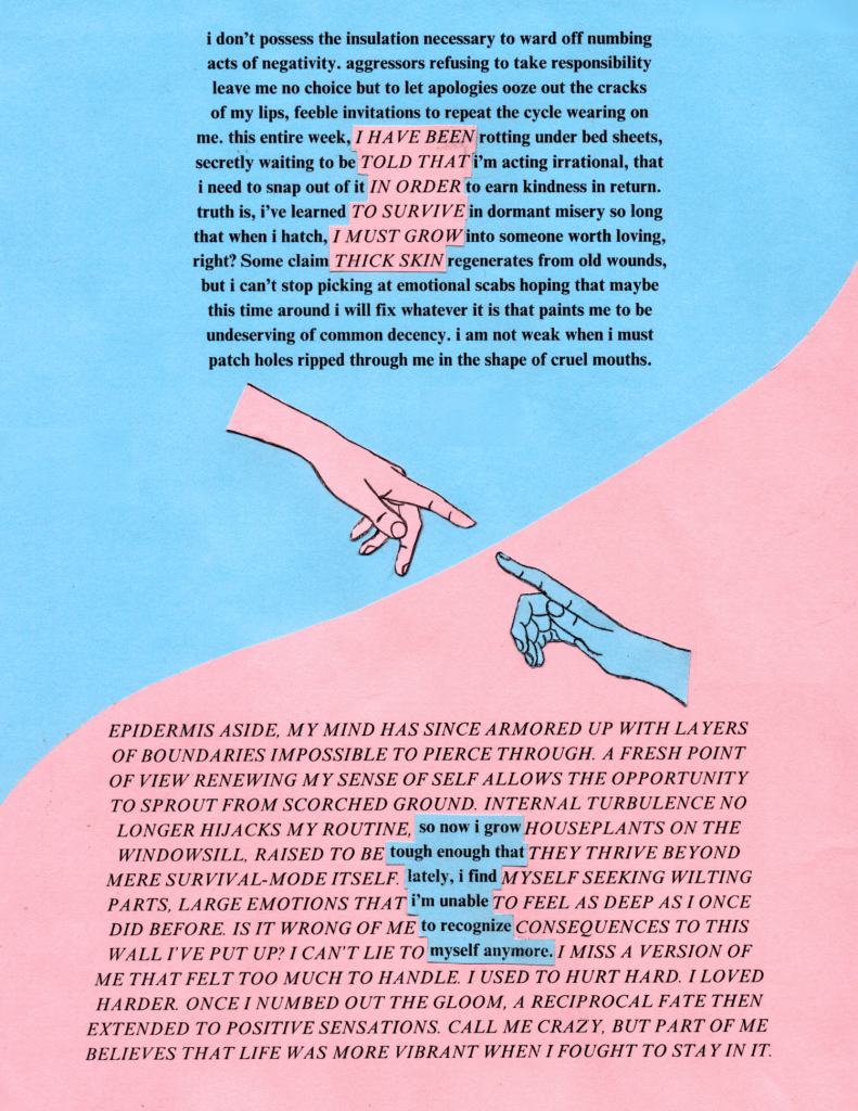 a background is split between pink and blue, with a blue hand in the pink, and a pink hand in the blue, both pointing towards the center, overlaid with text